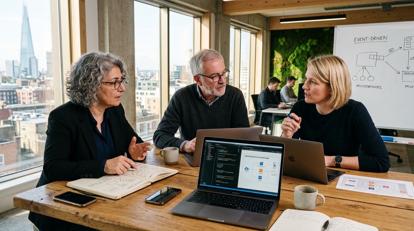 Senior software architects and engineering leads reviewing system design at a studio desk